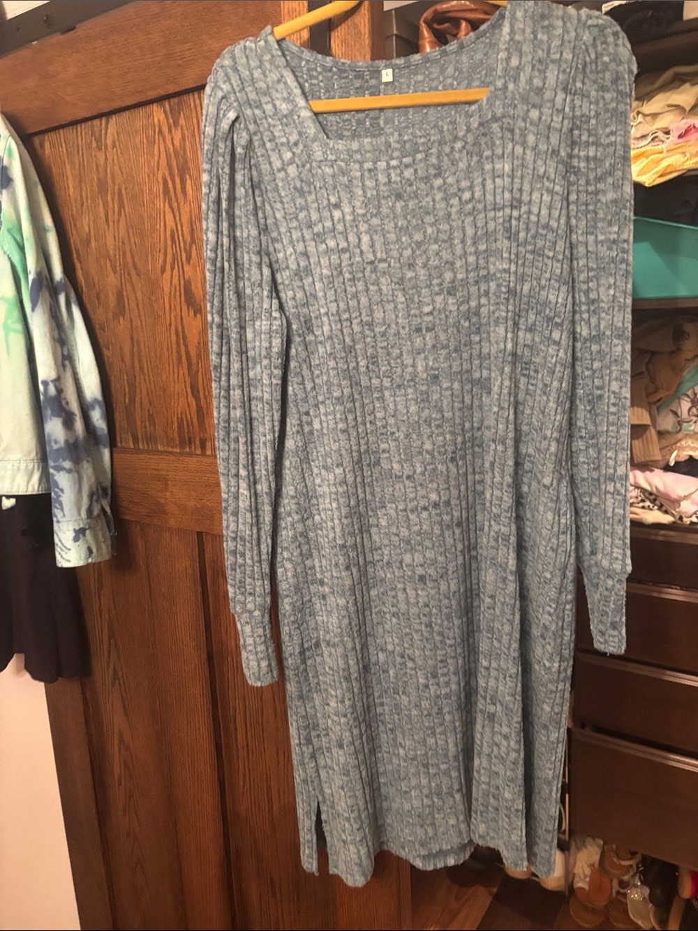 Light Blue Ribbed Square-Neck Long Sleeve Knit Dress